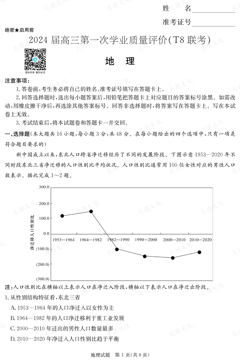 【地理】2024屆高三第一次學業(yè)質(zhì)量評價(T8聯(lián)考“附中5次”)